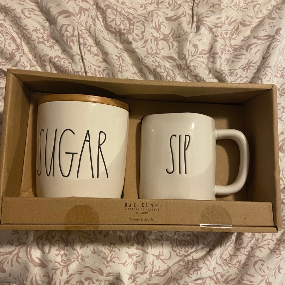Rae Dunn sugar container and coffee mug